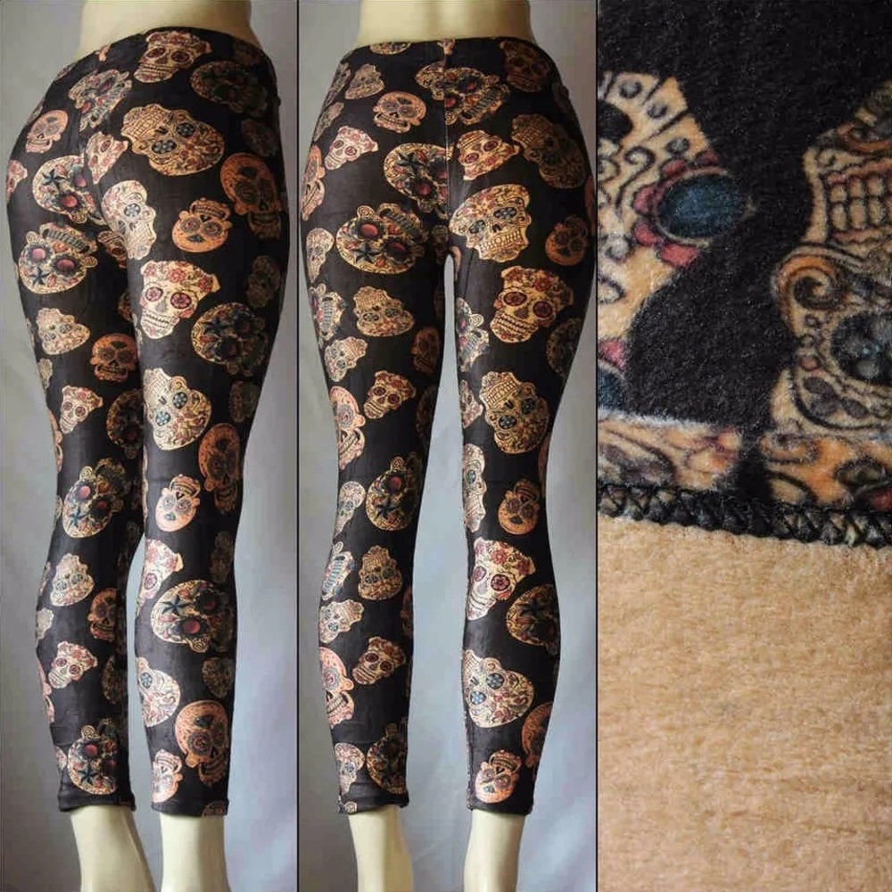 Faux Fur Lined S/M Skeleton Sugar Skull Skinny Leggings Thermal Slim Brushed